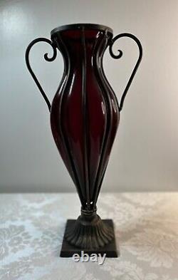 TALL 18.5 MURANO HAND BLOWN Red GLASS & IRON Caged Floor Vase Centerpiece 10