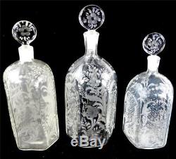 Three Vintage Hand Blown Etched Glass Scent Bottles Murano Salir Buccalleti