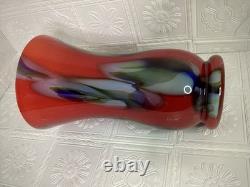 Towle Large Hand Blown Art Glass Vase 17.75 Murano Style Poland Red Swirl Label