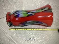 Towle Large Hand Blown Art Glass Vase 17.75 Murano Style Poland Red Swirl Label