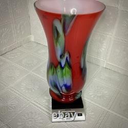 Towle Large Hand Blown Art Glass Vase 17.75 Murano Style Poland Red Swirl Label