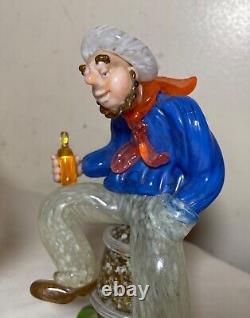 Two vintage hand blown Italian Murano glass man drinking sculpture statue figure