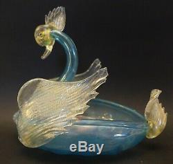 V-v21 MURANO ITALY ART GLASS SALVIATI GOLD DUST & BLUE SWAN BOWL