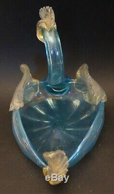 V-v21 MURANO ITALY ART GLASS SALVIATI GOLD DUST & BLUE SWAN BOWL