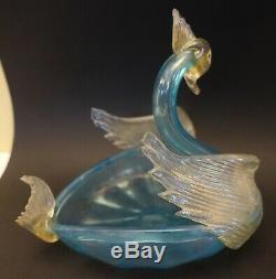 V-v21 MURANO ITALY ART GLASS SALVIATI GOLD DUST & BLUE SWAN BOWL