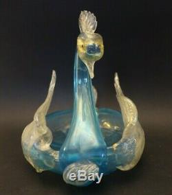 V-v21 MURANO ITALY ART GLASS SALVIATI GOLD DUST & BLUE SWAN BOWL