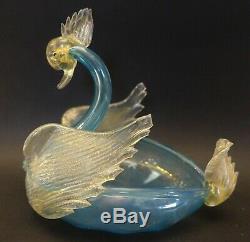 V-v21 MURANO ITALY ART GLASS SALVIATI GOLD DUST & BLUE SWAN BOWL