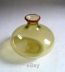 VENINI Italia Vintage Monofiori Glass VASE. Soffiato Amber & Red Lip Signed
