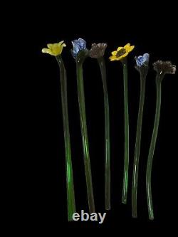 VINTAGE Hand Blown Glass Flowers in vase -Murano Style Long Stem 18