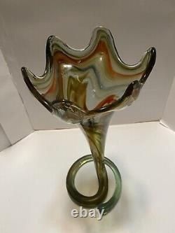 VINTAGE MURANO Style HAND BLOWN Trumpet COIL PEDESTAL ART DECO GLASS VASE 16x7.5