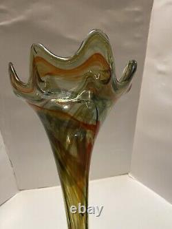 VINTAGE MURANO Style HAND BLOWN Trumpet COIL PEDESTAL ART DECO GLASS VASE 16x7.5
