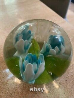VINTAGE Murano Glass Paperweight with GORGEOUS THREE BLUE FLOWERS PERFECT