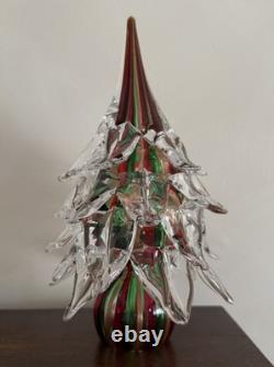 VINTAGE Murano Hand Blown Glass Christmas Tree With Gold Red Green swirl 11 1/2