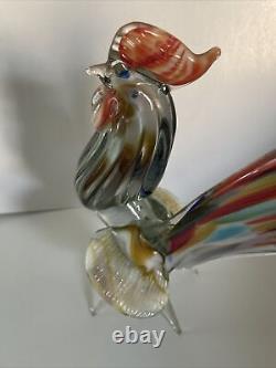 VTG 12 Colorful Rooster Hand Blown Art Glass Figure Murano Style