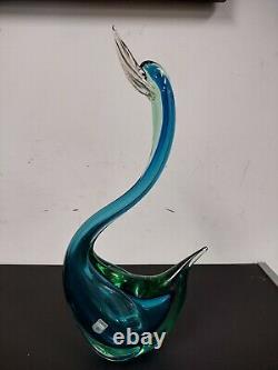 VTG 1960's Murano Italy Blown Glass Blue + Green Swan Figurine Over 17 heavy