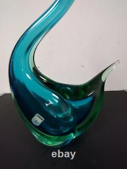 VTG 1960's Murano Italy Blown Glass Blue + Green Swan Figurine Over 17 heavy