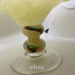 VTG Hand Blown Art Glass Pedestal Scalloped Murano Style Yellow Spat Bowl