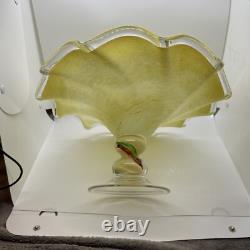 VTG Hand Blown Art Glass Pedestal Scalloped Murano Style Yellow Spat Bowl