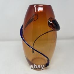 VTG Hand Blown Murano Art Glass Red Amber Swirl Wrap Mid Century Lava 12 Vase