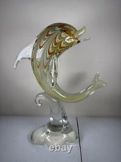 VTG Hand Blown Murano Italian art studio glass dolphin sculpture statue gold 12