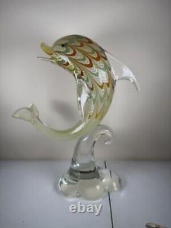 VTG Hand Blown Murano Italian art studio glass dolphin sculpture statue gold 12