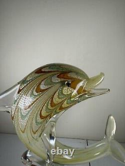 VTG Hand Blown Murano Italian art studio glass dolphin sculpture statue gold 12