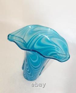 VTG Hand-Blown Murano Style Venetian Art Glass Blue & White Fluted Swirl Design