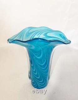 VTG Hand-Blown Murano Style Venetian Art Glass Blue & White Fluted Swirl Design