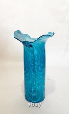 VTG Hand-Blown Murano Style Venetian Art Glass Blue & White Fluted Swirl Design