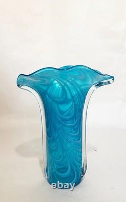 VTG Hand-Blown Murano Style Venetian Art Glass Blue & White Fluted Swirl Design