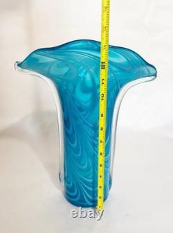 VTG Hand-Blown Murano Style Venetian Art Glass Blue & White Fluted Swirl Design