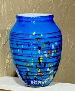 VTG Large Murano Blue Art Glass White Cased Vase With Multi Colored Confetti