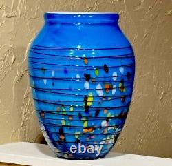 VTG Large Murano Blue Art Glass White Cased Vase With Multi Colored Confetti