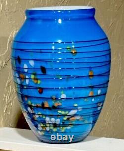 VTG Large Murano Blue Art Glass White Cased Vase With Multi Colored Confetti