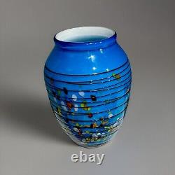 VTG Large Murano Blue Art Glass White Cased Vase With Multi Colored Confetti