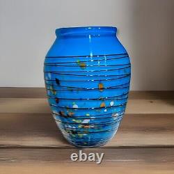 VTG Large Murano Blue Art Glass White Cased Vase With Multi Colored Confetti