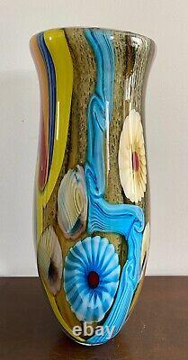 VTG Large, Vibrant Hand Blown Murano Millefiori & Swirl Art Glass Vase, No Label