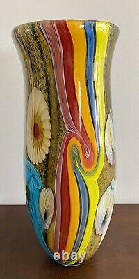 VTG Large, Vibrant Hand Blown Murano Millefiori & Swirl Art Glass Vase, No Label