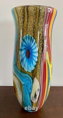 VTG Large, Vibrant Hand Blown Murano Millefiori & Swirl Art Glass Vase, No Label