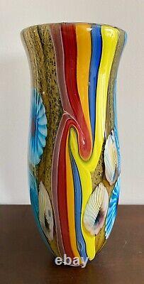 VTG Large, Vibrant Hand Blown Murano Millefiori & Swirl Art Glass Vase, No Label