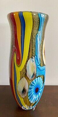 VTG Large, Vibrant Hand Blown Murano Millefiori & Swirl Art Glass Vase, No Label