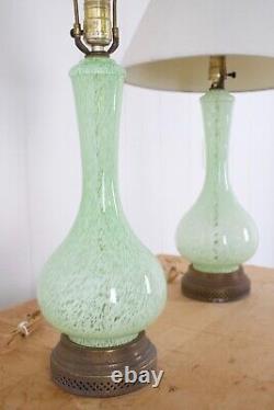 VTG MCM 1950s murano lamps hand blown mint green + white glass pair Eames era