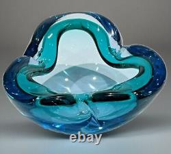 VTG MCM Murano Aqua Blue Pinched Sommerso Hand Blown Unanium Bowl 1960's Glows