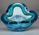 VTG MCM Murano Aqua Blue Pinched Sommerso Hand Blown Unanium Bowl 1960's Glows