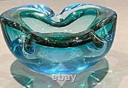 VTG MCM Murano Aqua Blue Pinched Sommerso Hand Blown Unanium Bowl 1960's Glows