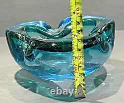 VTG MCM Murano Aqua Blue Pinched Sommerso Hand Blown Unanium Bowl 1960's Glows