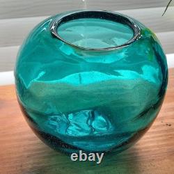 VTG MCM Murano Bullicante Art Glass Sphere Vase Teal Polished Pontil Heavy 2+LB