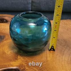 VTG MCM Murano Bullicante Art Glass Sphere Vase Teal Polished Pontil Heavy 2+LB