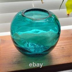 VTG MCM Murano Bullicante Art Glass Sphere Vase Teal Polished Pontil Heavy 2+LB
