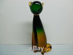 VTG MID CENTURY Modern Murano Heavy Hand Blown Art Glass Cat Amber Green 10